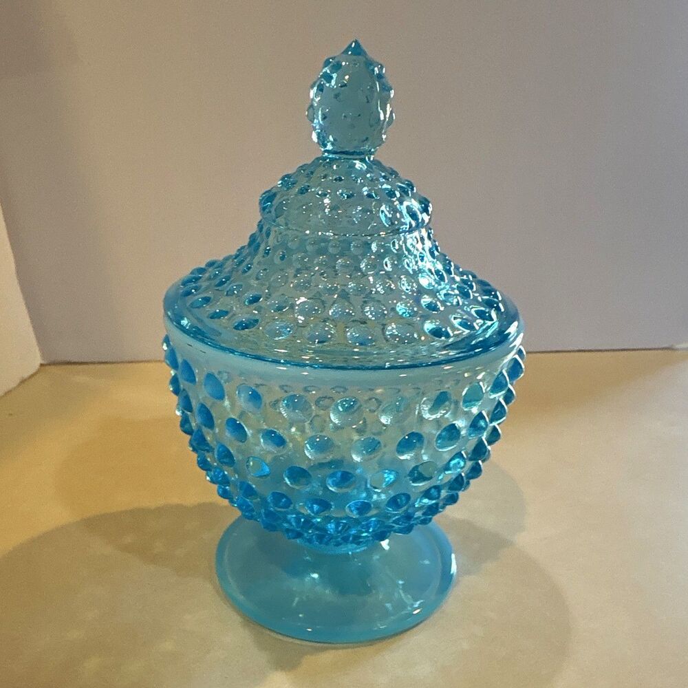 Blue Hobnail Glass Round Candy Jar w/ Handle Lid 6” H 5” Dia Fenton style.